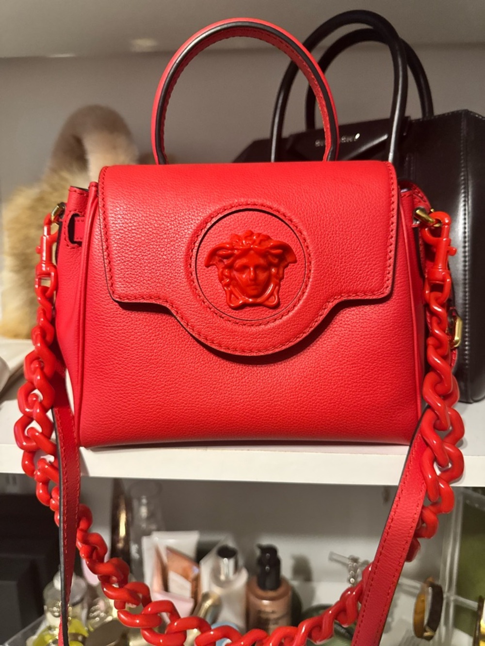 Versace Bright Red Leather Top-Handle Satchel with Chain-Link Strap